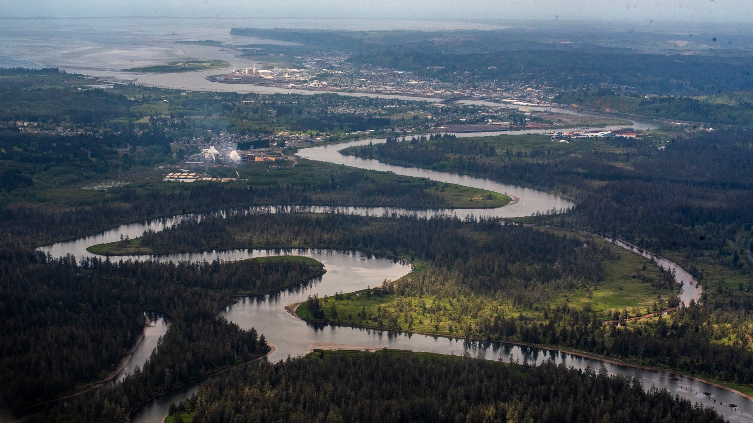 The Chehalis River flows past Cosmopolis and to the harbor.